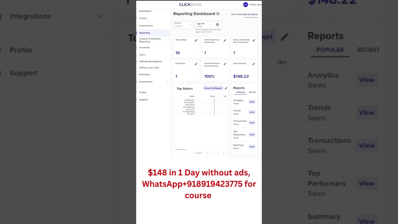 Clickbank $148 Sale in 1 Day Without Ads #clickbank #clickbanksuccess #affiliatemarketing